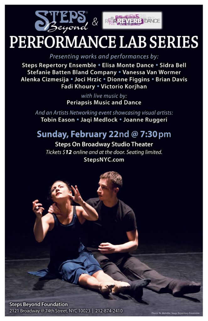 Poster for February, 2015 Performance Lab - featuring two dancers kneeling onstage on behind the other reaching up and out in Steps studio theater