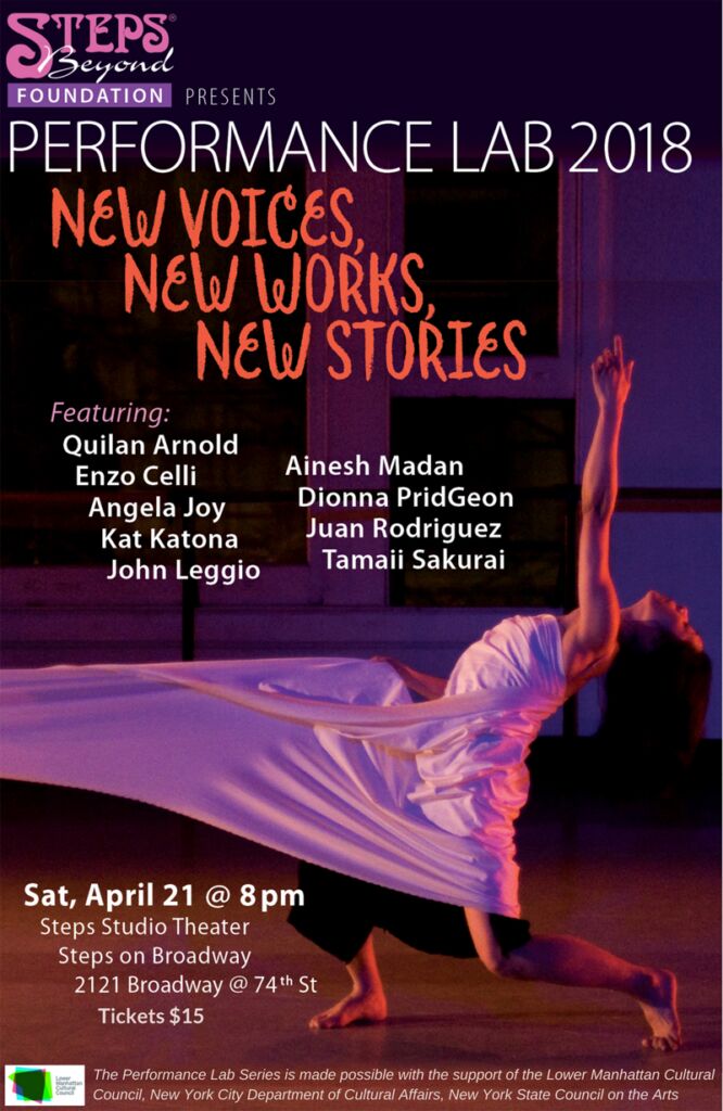 Poster for April, 2018 Performance Lab - featuring one dancer arms raised, head back, in a streaming pink gown in Steps studio theater