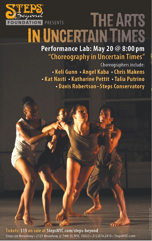 Poster for May, 2017 Performance Lab - featuring a group of dancers one being held back by three others, in Steps studio theater