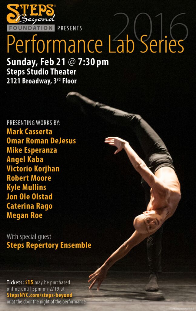 Poster for February, 2016 Performance Lab - featuring one dancer leaping so they are practically upside down in Steps studio theater