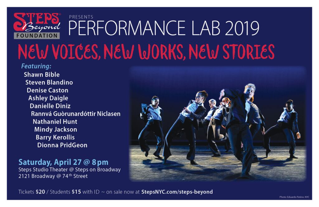 Poster for April, 2019 Performance Lab - featuring a group of dancers leaning this way and that and wearing tophats in Steps studio theater