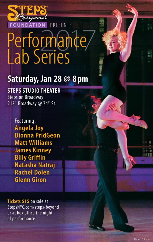 Poster for January, 2017 Performance Lab - featuring a a ballet duet with one dancer lifting another in Steps studio theater