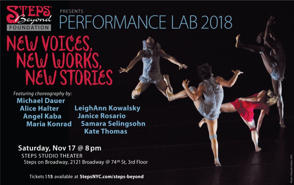 Poster for November, 2018 Performance Lab - featuring a group of dancers in pale blue leaping up on a dark background in Steps studio theater