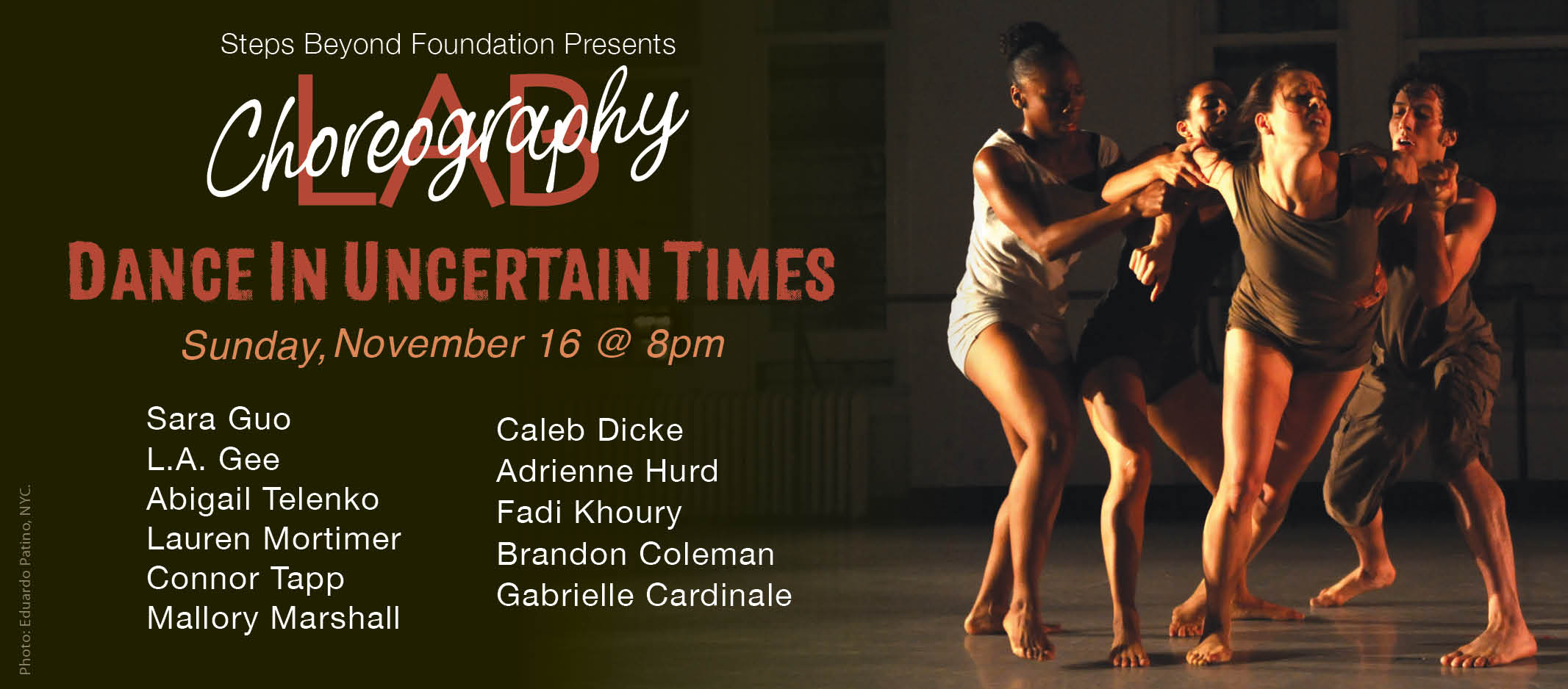 Poster for Choreography Lab 2025, Dance in Uncertain Times,Performance November 16, three dancers holding another dancer back from the front of the stage