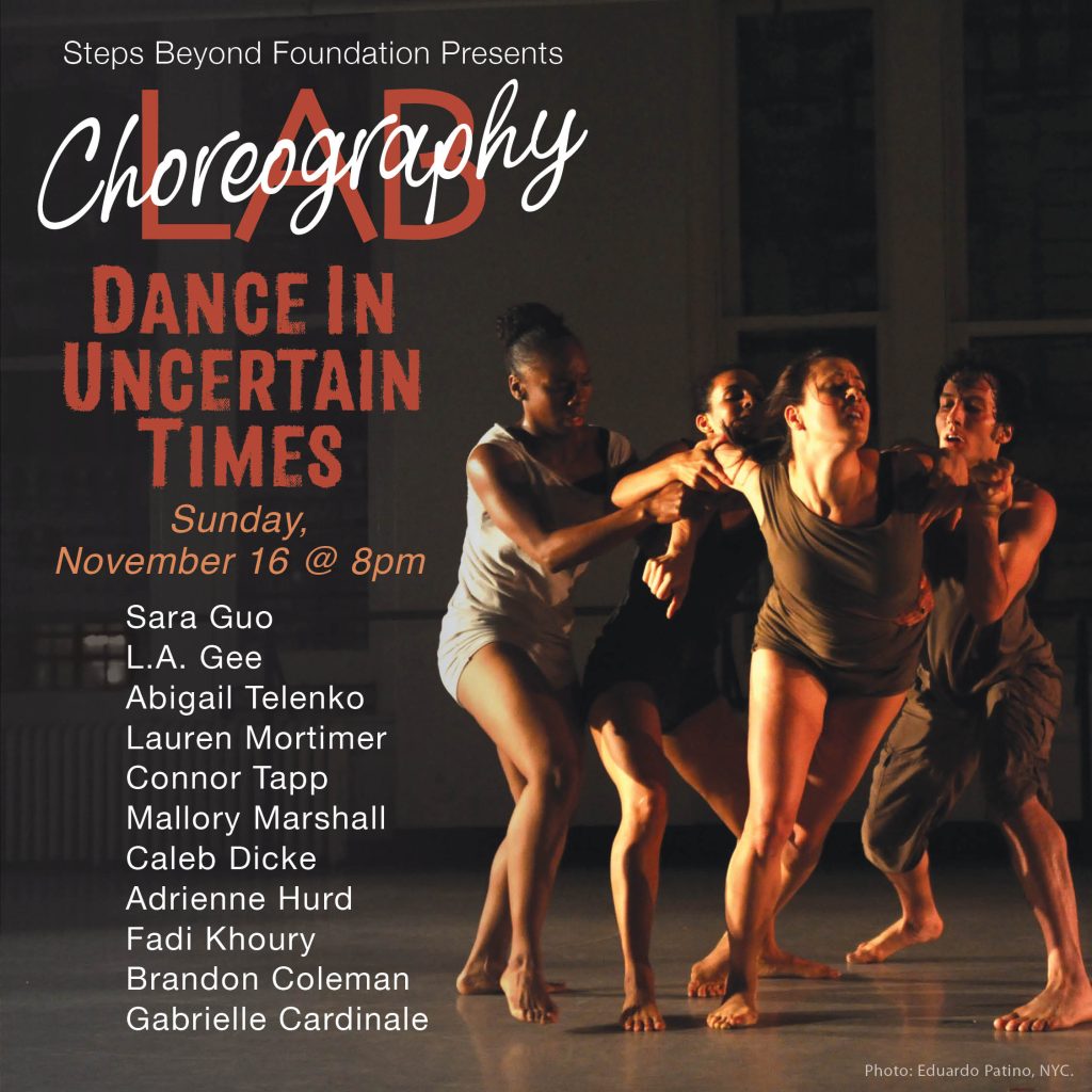 Poster for Choreography Lab 2025, Dance in Uncertain Times,Performance November 16, three dancers holding another dancer back from the front of the stage