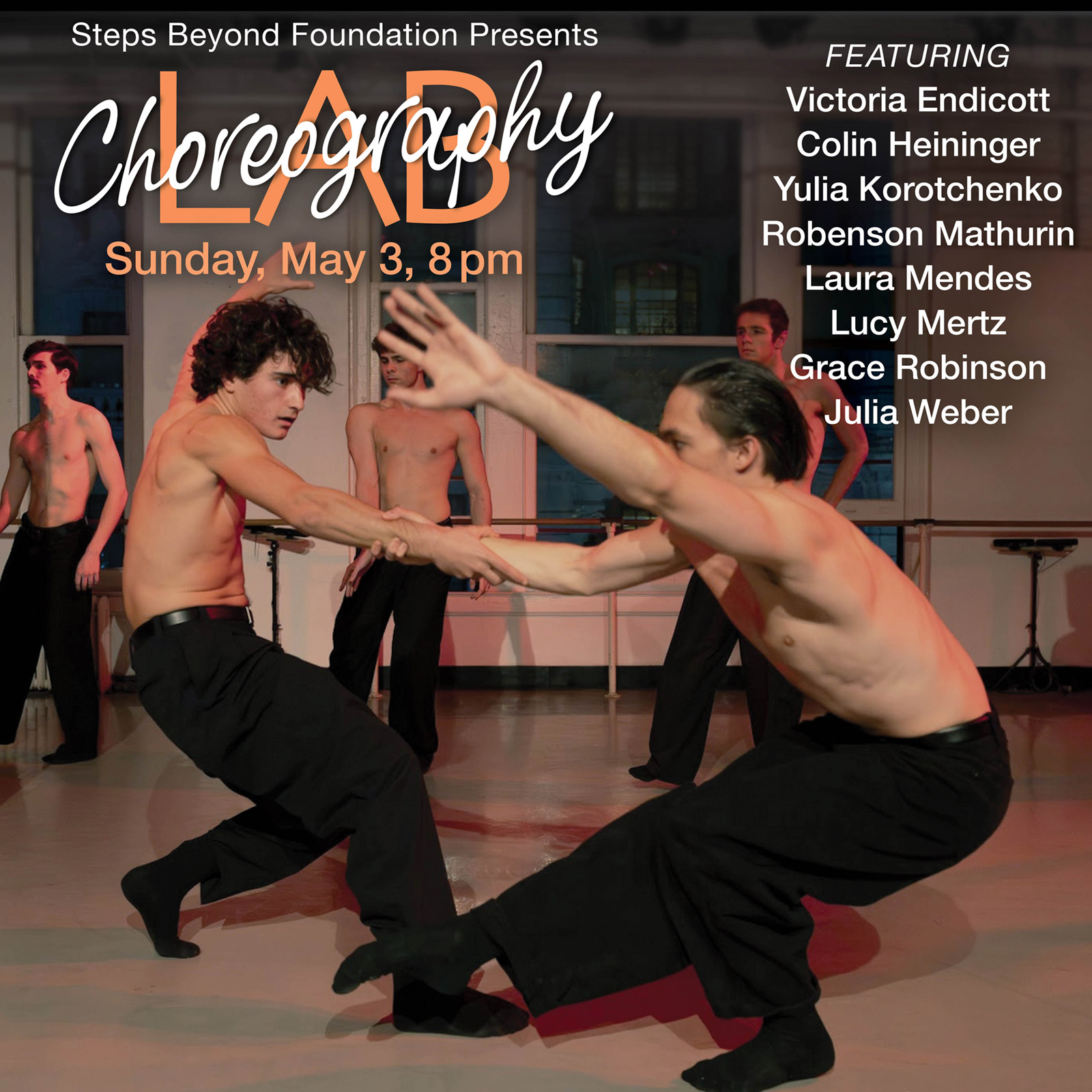 Choreography Lab, Applications are due March 16 - 5 shirtless men in black dress pants and socks performing in Steps Studio Theater