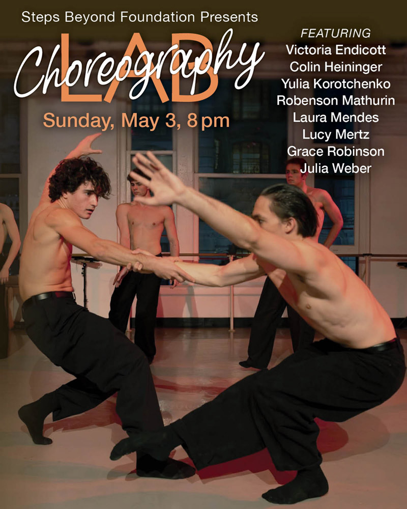 Choreography Lab, Applications are due March 16 - 5 shirtless men in black dress pants and socks performing in Steps Studio Theater