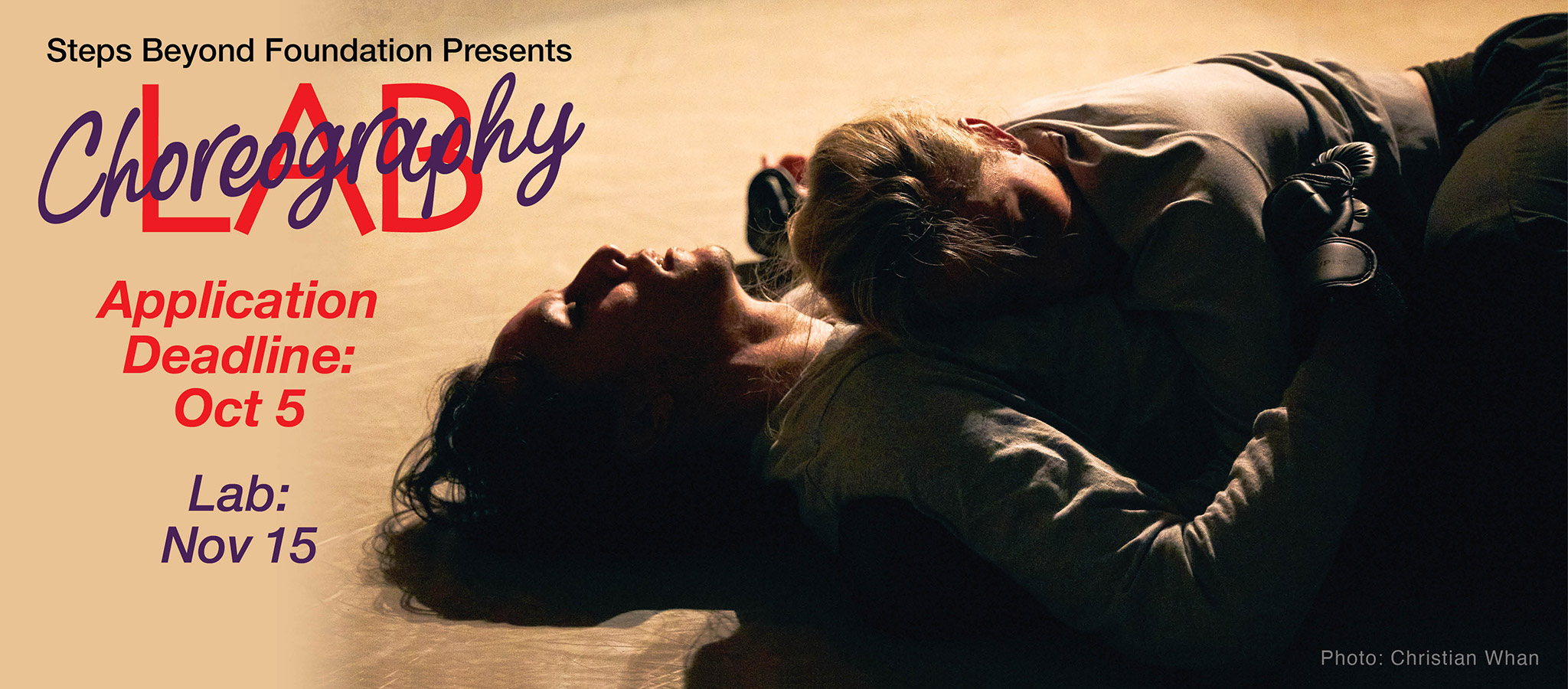 A couple lying on the floor in Steps Studio Theater at a Choreography Lap performance