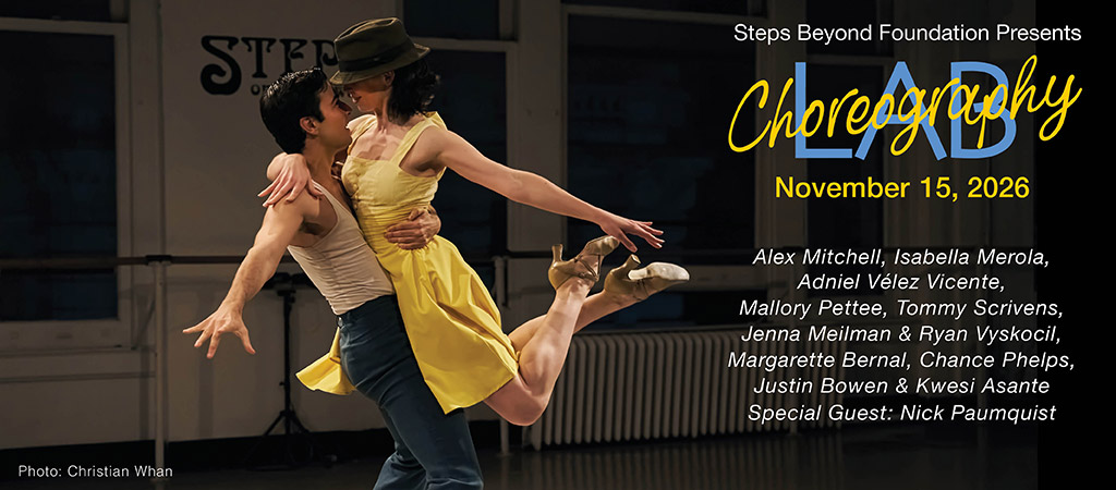 A male and female dancer on stage at Steps Studio Theater, she is in yellow and leaping into his arms.
