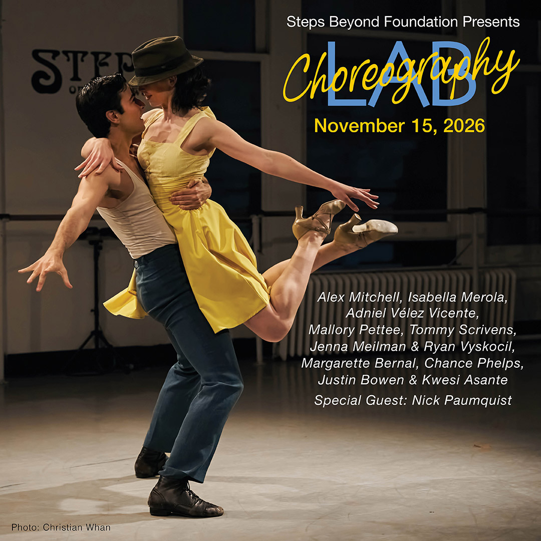 A male and female dancer on stage at Steps Studio Theater, she is in yellow and leaping into his arms.